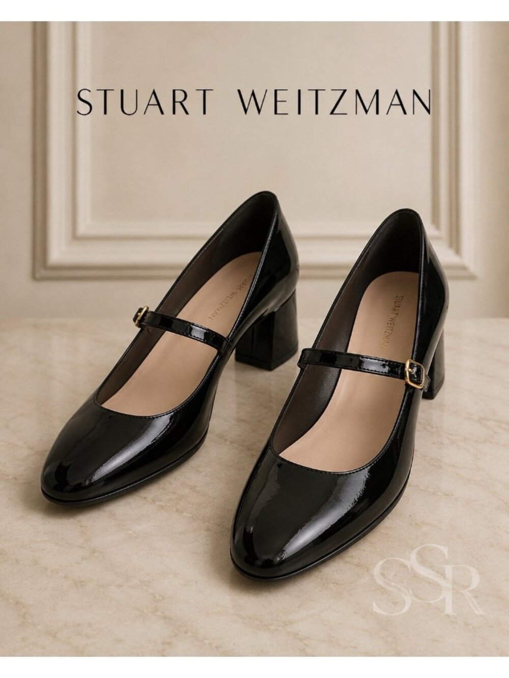 Stuart Weitzman Gabby 45 Mary Jane Pumps Black Patent Leather Block Heel Sz 8.5
